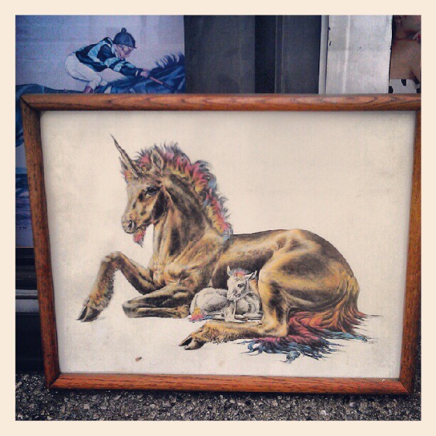 This sweet little unicorn picture needs a good home.  Can someone help it out? #fleamarketfind #magical #unicorn