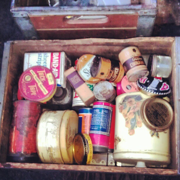 Box of Vintage tins and containers. Booth Y37! #vintage #fleamarket #melrosetradingpost