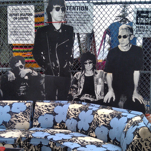 The Rolling Stones are hanging out by Vincent's Andy Warhol fabric covered sofa in G6 by the Melrose entrance... Nbd #Melrosetradingpost #fleamarket #rollingstones #sofa #retro #Warhol #jagger #la #lastyle #losangeles