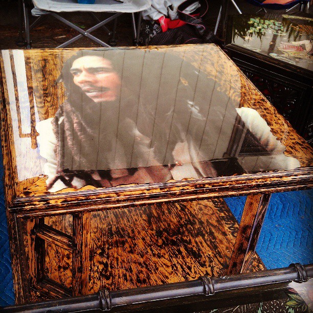 We love this Bob Marley table made by the ladies in Y21!! #handmade #Melrosetradingpost #fleamarket #table #Marley #Bobmarley