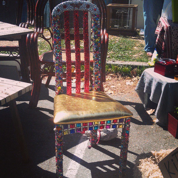 This hand bedazzled chair is out of this world!!! #Melrosetradingpost #fleamarket #handmade #lastyle #craft #art #sparkle #jewel #bedazzled #chair #furniture
