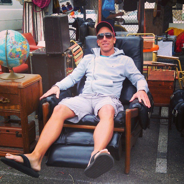 Patrick is modeling one of two leather recliners in Y37... He makes this chair look good!! #Melrosetradingpost #leather #fleamarket #fleamarketswag #model #lastyle #Losangeles #Fairfax #Melrose #chillaxin