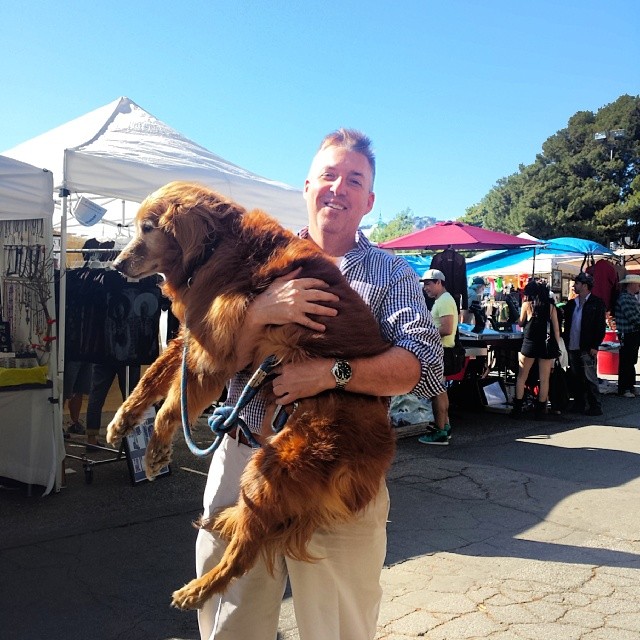 Today is CJ the Dog's 15th birthday!  He got to walk and then be carried through the market by his Dad! #MTPfairfax