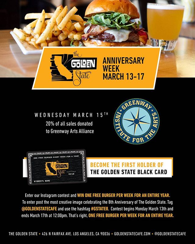 We are thrilled to announce that our favorite local burger spot @goldenstatecafe is celebrating their anniversary this week!  This Wednesday, March 15th, 20% of their sales will go to @greenwayartsed!Starting today, you can enter their instagram contest to win a free burger a week for a year! See you Wednesday! #GreenwayArts #goldenstatecafe #bestburgerinla #loveyourneighbor #melrosetradingpost #greenwaycourt @greenwaycourttheatre#Fairfax #fairfaxhs #GreenwayTwenty #greenwaycourttheatre #mtpfairfax #losangeles #california #burger #thegoldenstate