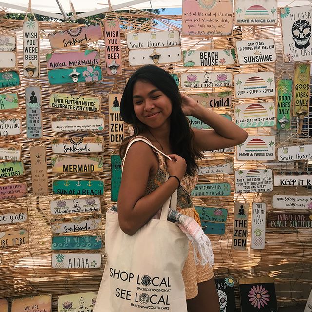 Looking for some stylish beach ware? Our Shop Local totes go great with everything in the @seagypsycalifornia booth Check us both out by the food court!!..Also hi!! I’m Leilani and I’m the MTP intern til the end of summer, hope to see you all at the market!! ..#melrosetradingpost #sundayfunday #fleamarket #melrose #fairfax #vendorsofMTP #greenway